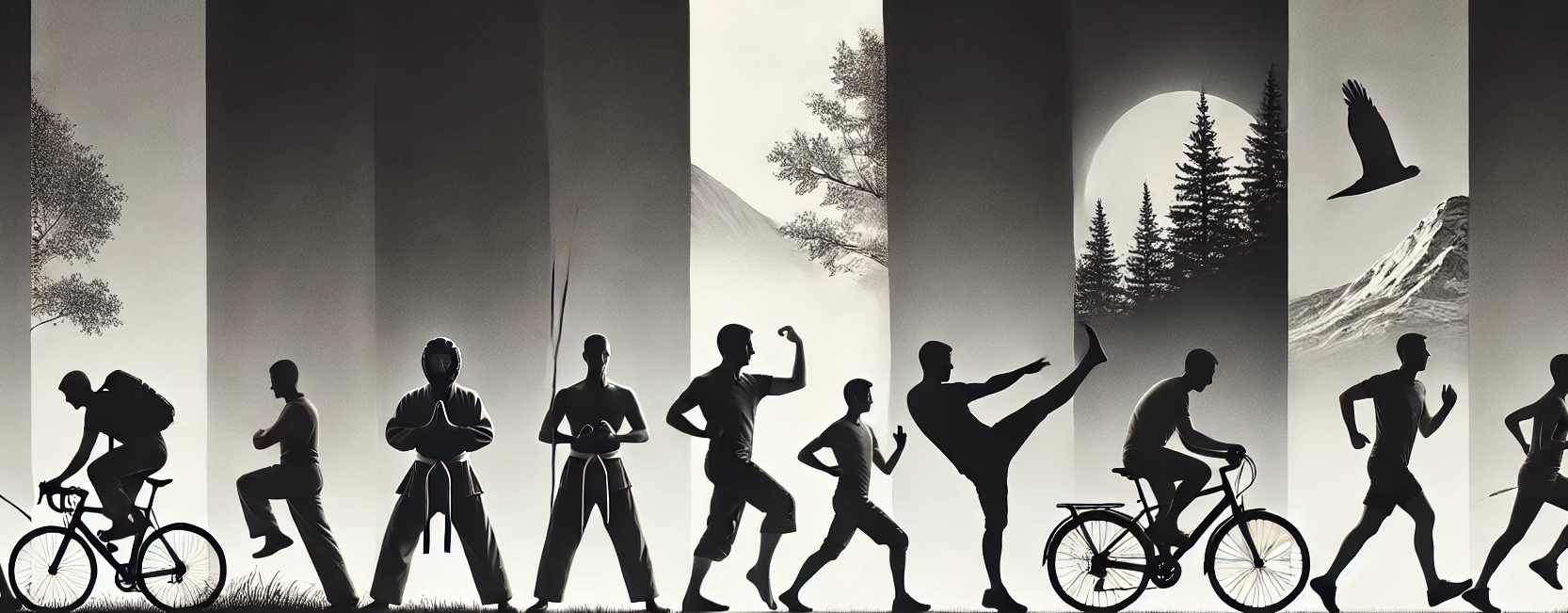 Postacie w ruchu: karateka, rowerzyści i wędrowcy na tle natury – metafora aktywności fizycznej, pasji i równowagi wspierającej rozwój osobisty.
