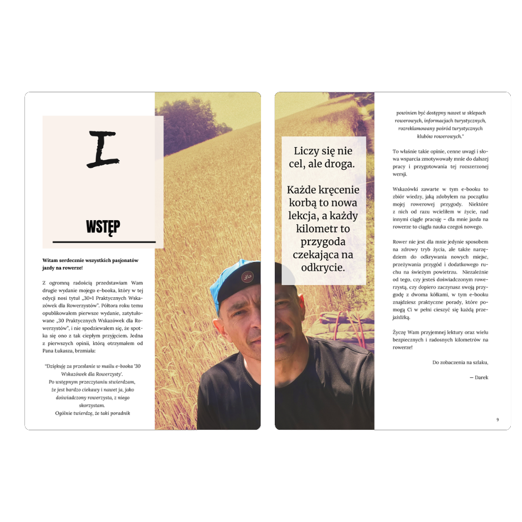 Wstęp do e-booka 30+1 Praktycznych Wskazówek dla Rowerzysty – inspiracja i praktyczne porady dla pasjonatów jazdy na rowerze.