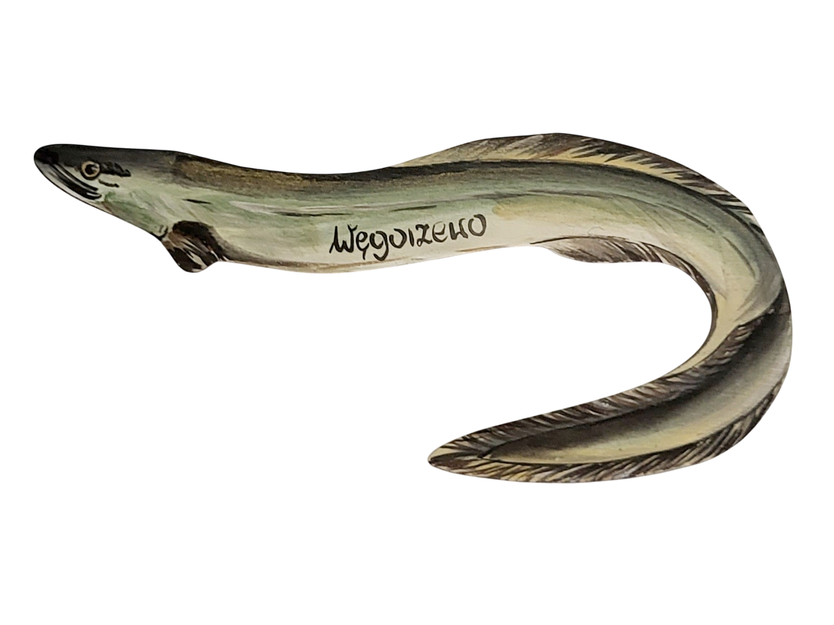 Ręcznie malowany magnes z węgorzem i napisem „Węgorzewo” – symbol Mazurskiej Pętli Rowerowej, który oddaje ducha mazurskich jezior i lokalnej fauny. Idealna pamiątka z podróży!