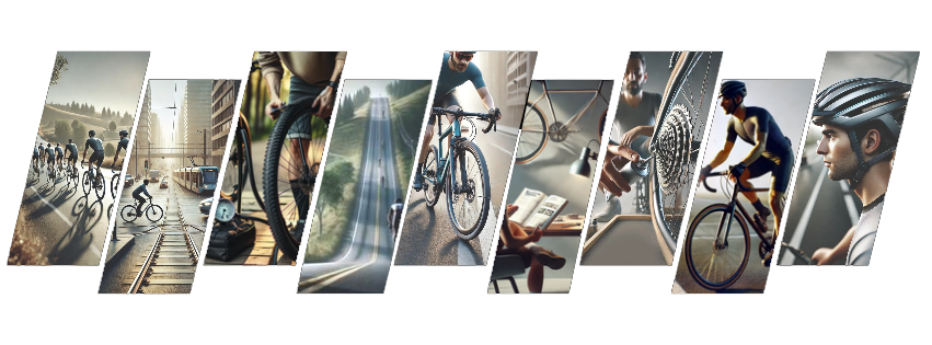 Kolaż przedstawiający różne aspekty kolarstwa: jazdę w grupie, przygotowanie roweru, serwis, trening oraz jazdę indywidualną.