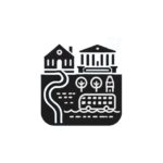 Ikona przedstawiająca krajobraz z budynkami, drzewami, wodą i ścieżką – symbol odkrywania Mazur.