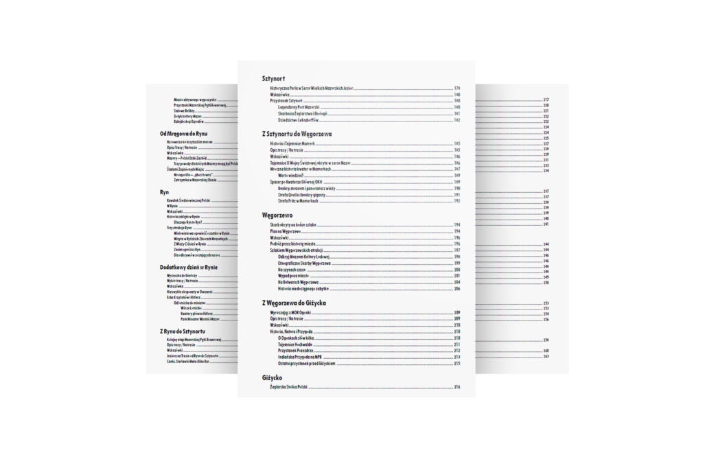 Druga część spisu treści przewodnika po Mazurskiej Pętli Rowerowej, zawierająca opisy tras i atrakcje regionu.