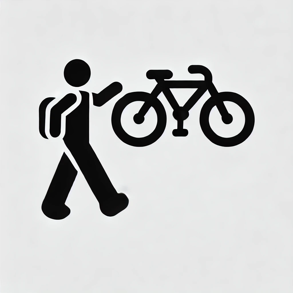 Ikona osoby z plecakiem idącej obok roweru, symbolizująca pieszo-rowerową formę podróżowania.