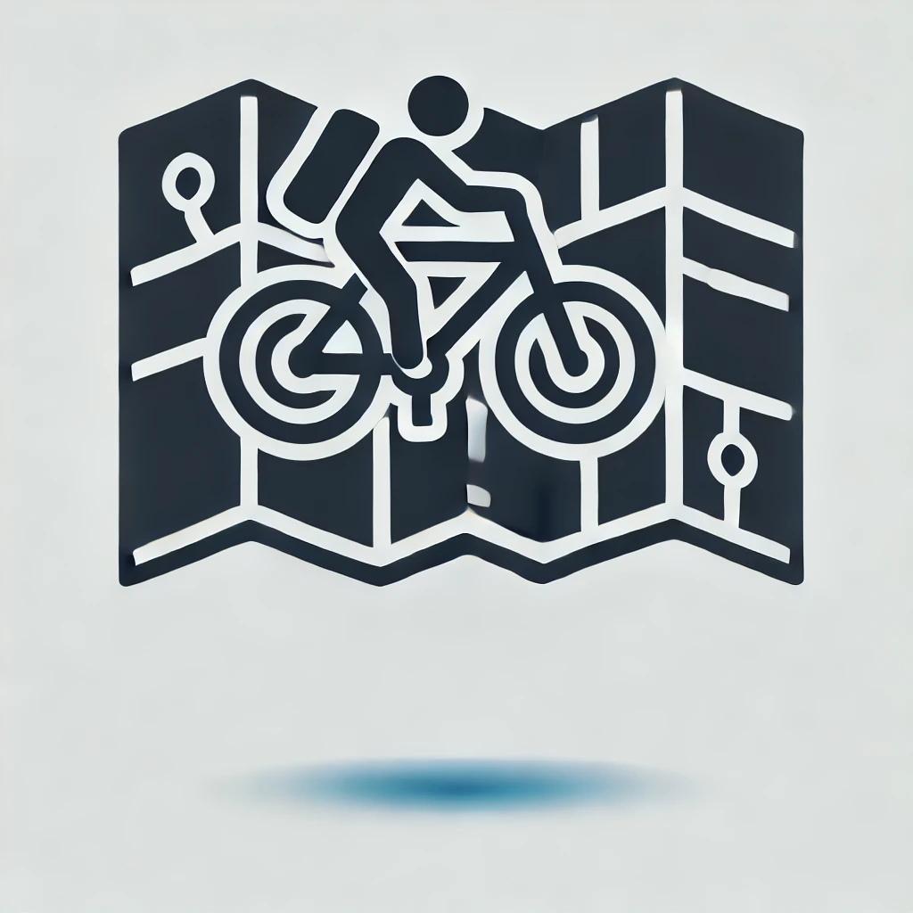 Ikona rowerzysty z plecakiem na tle mapy, symbolizująca podróż rowerową i eksplorację tras.