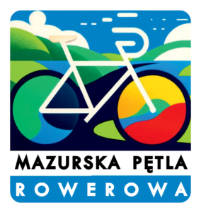 Logo Mazurska Pętla Rowerowa – Mazury - Przewodnik PDF z rowerem na tle kolorowego krajobrazu.