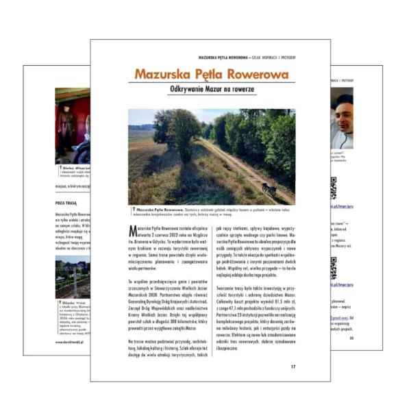 Strona przewodnika Mazurska Pętla Rowerowa z opisem trasy Pisz–Ruciane-Nida, atrakcjami na trasie i mapą z punktem startowym.